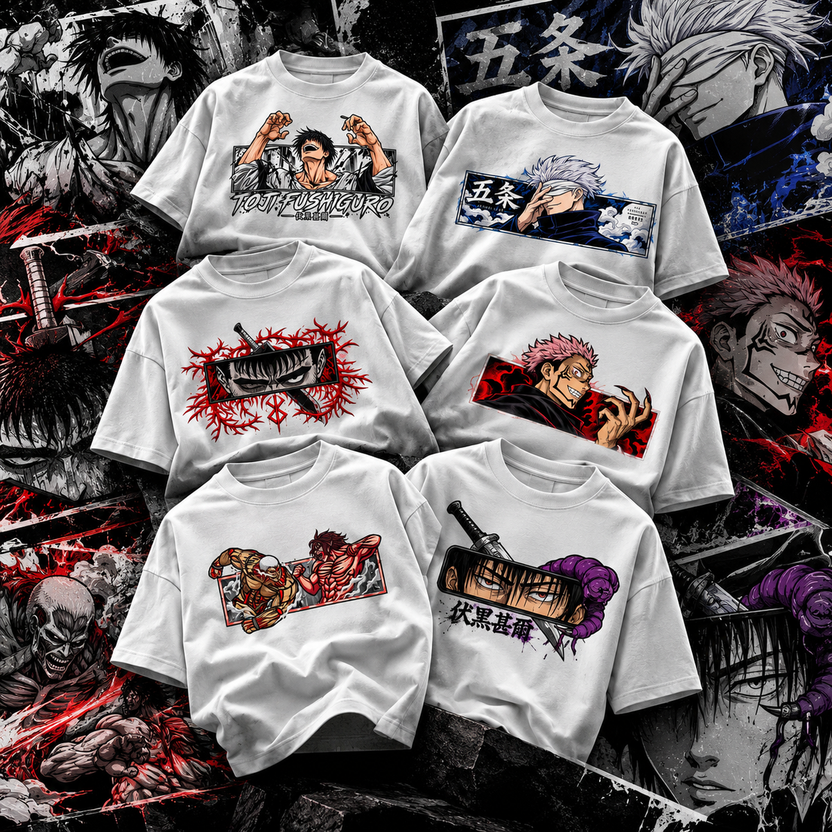 Trendy Fuze white anime oversized T-shirt collection featuring six print options