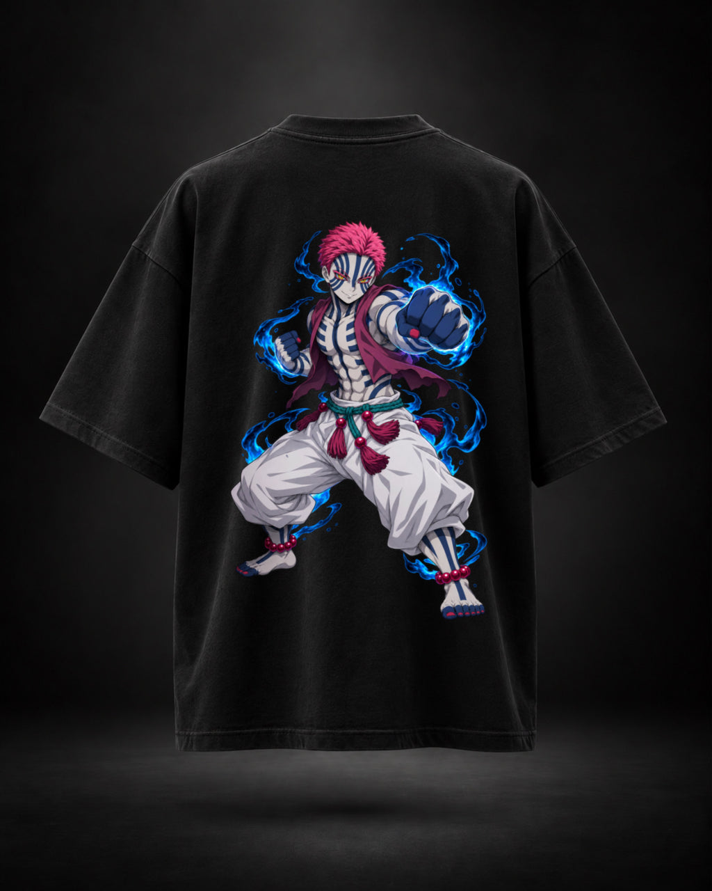 Trendy Fuze Akaza oversized black T-shirt - large blue flame back graphic