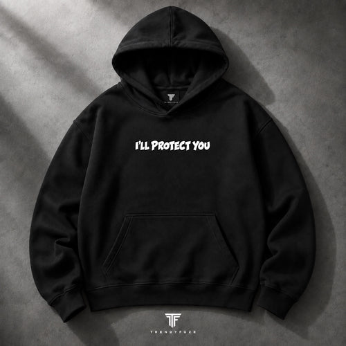 Akaza and Koyuki black oversized hoodie front with I'll Protect You text