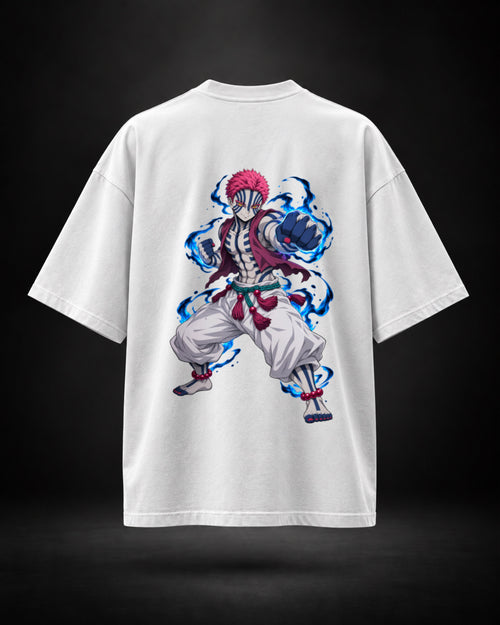 Trendy Fuze Akaza white oversized T-shirt - large blue anime back graphic