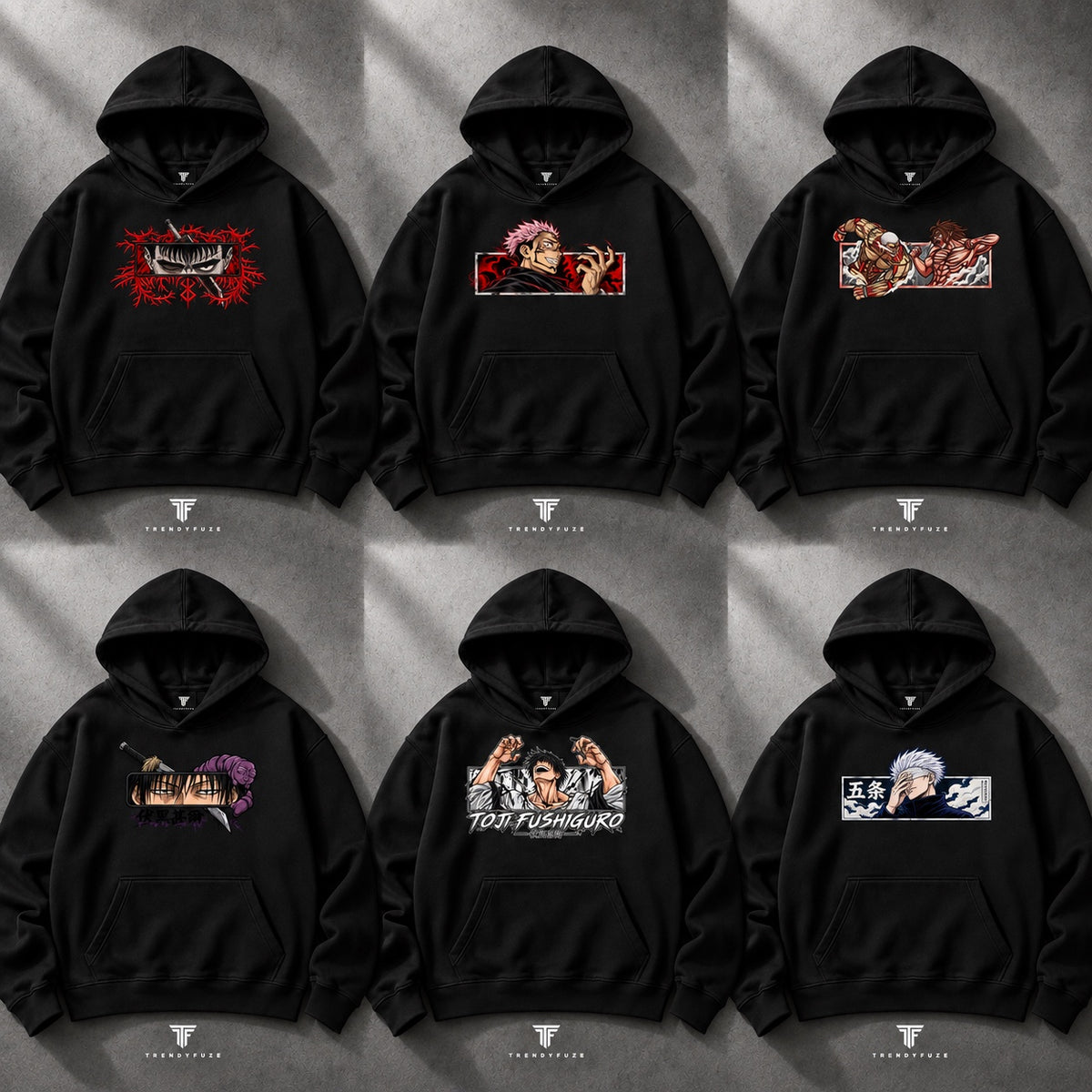 Trendy Fuze anime oversized black hoodie six design collection
