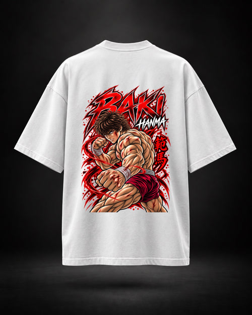 Trendy Fuze Baki Hanma oversized white T-shirt - large back graphic