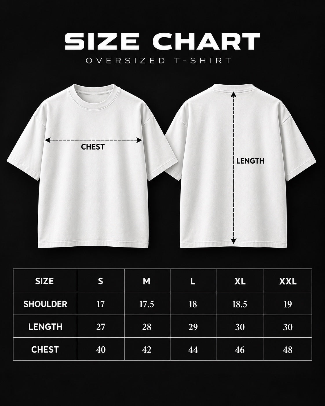 Trendy Fuze white oversized T-shirt size chart S to XXL