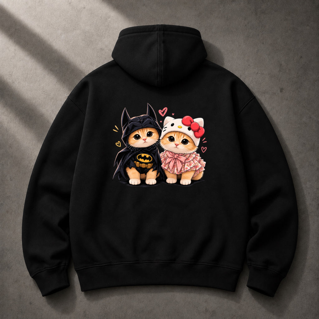 Batman and Hello Kitty inspired couple cats oversized black hoodie back graphic