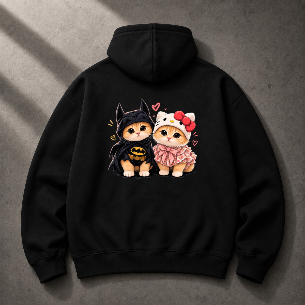 Batman and Hello Kitty inspired couple cats oversized black hoodie back graphic
