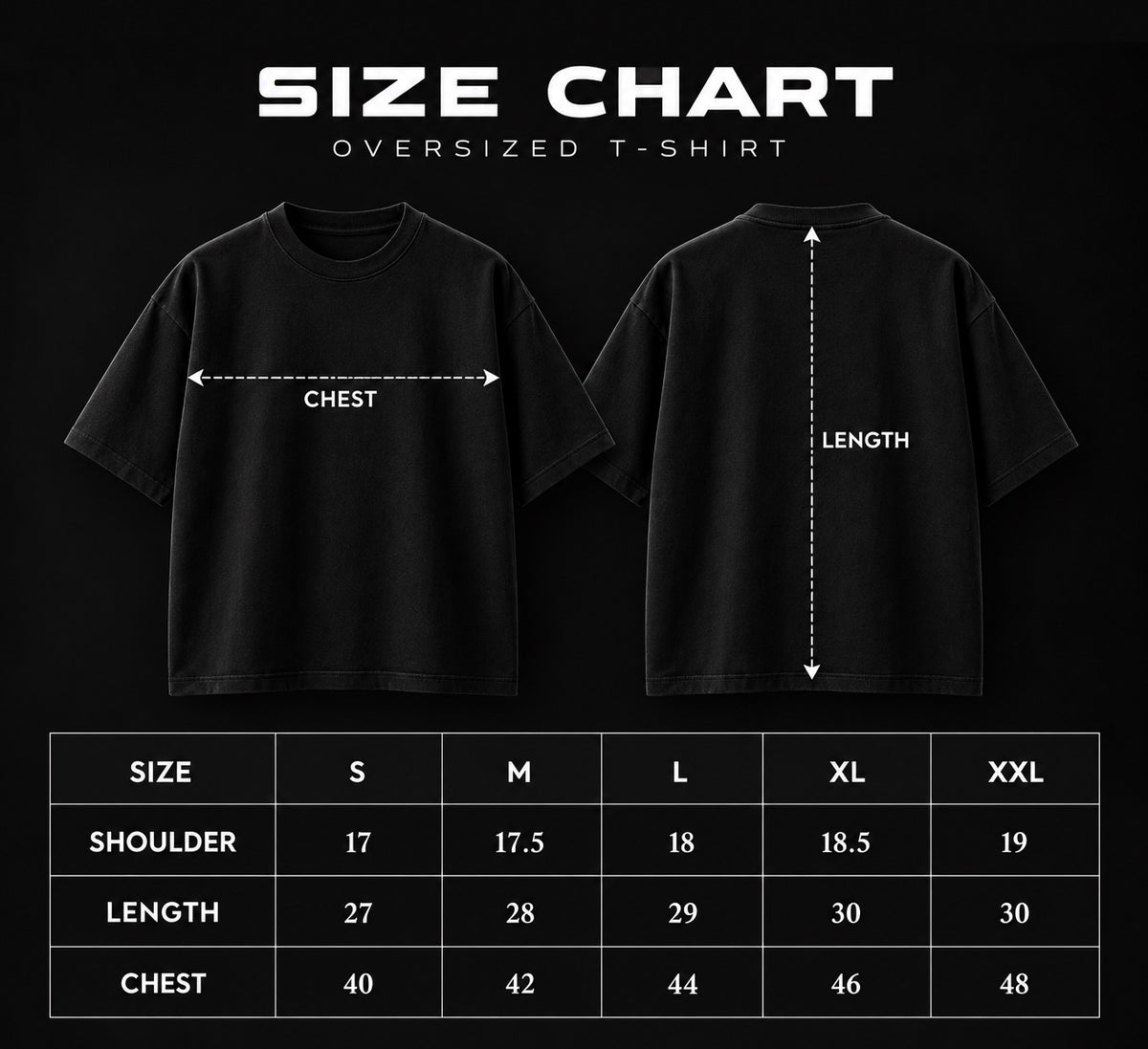 Trendy Fuze oversized T-shirt size chart S to XXL