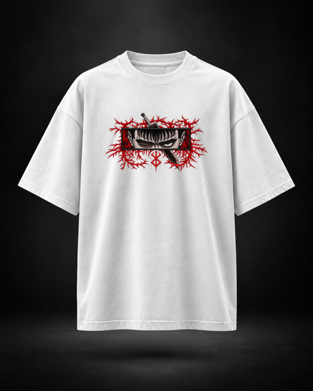 Trendy Fuze Berserk Guts oversized T-shirt in white - front graphic