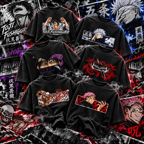 Trendy Fuze black anime oversized T-shirt collection featuring six print options