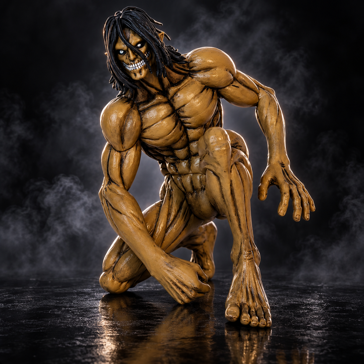 Eren Yeager Attack Titan crouching figure front view on dark smoky background