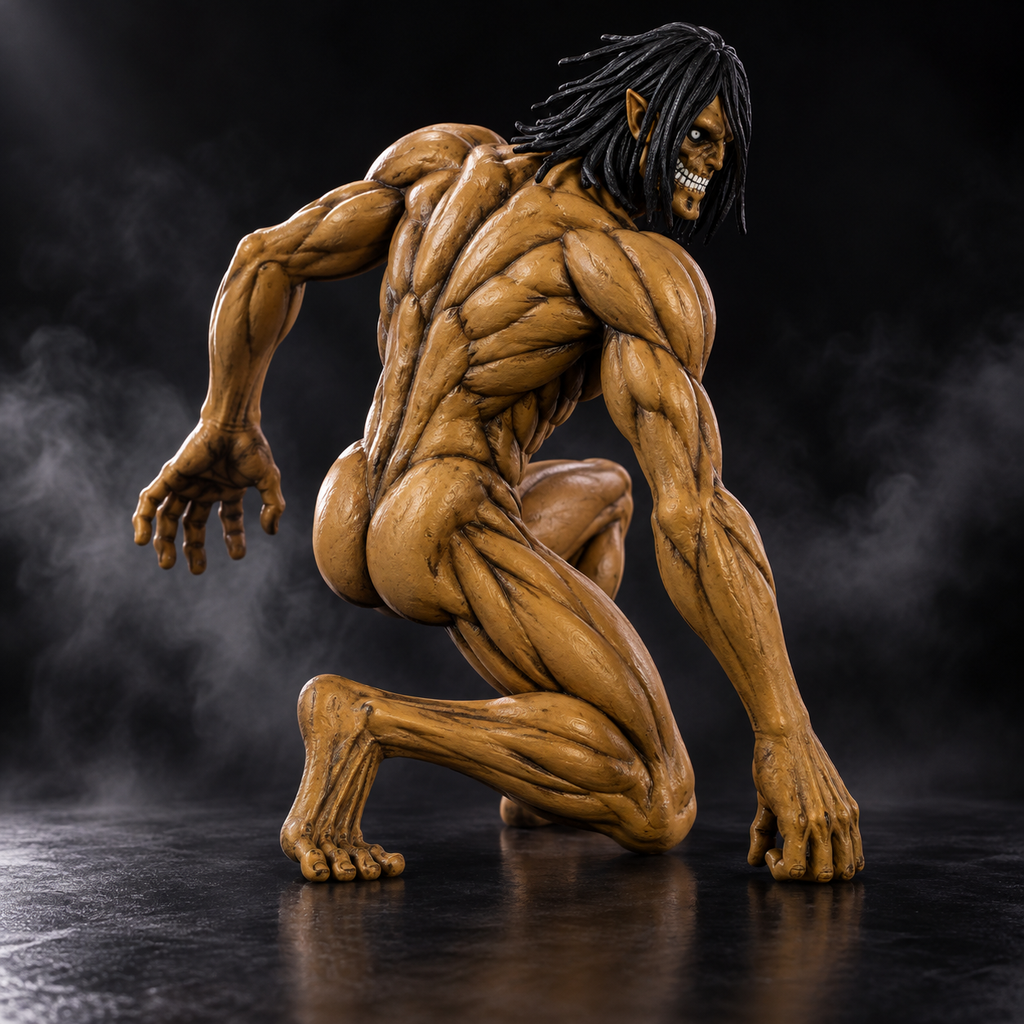 Eren Yeager Attack Titan figure rear three-quarter view showcasing sculpted back muscles