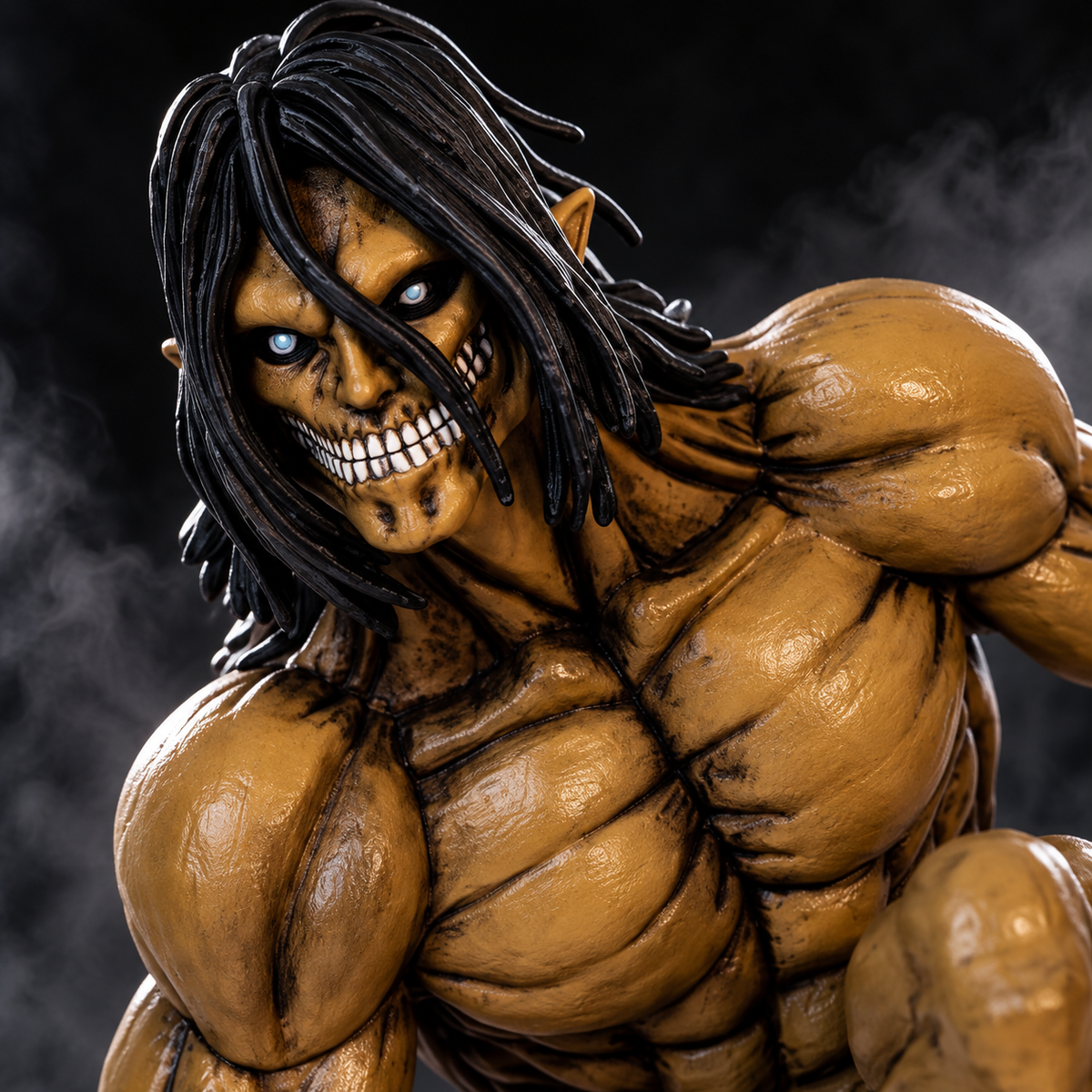 Eren Attack Titan face close-up showing long hair pale eyes and exposed teeth