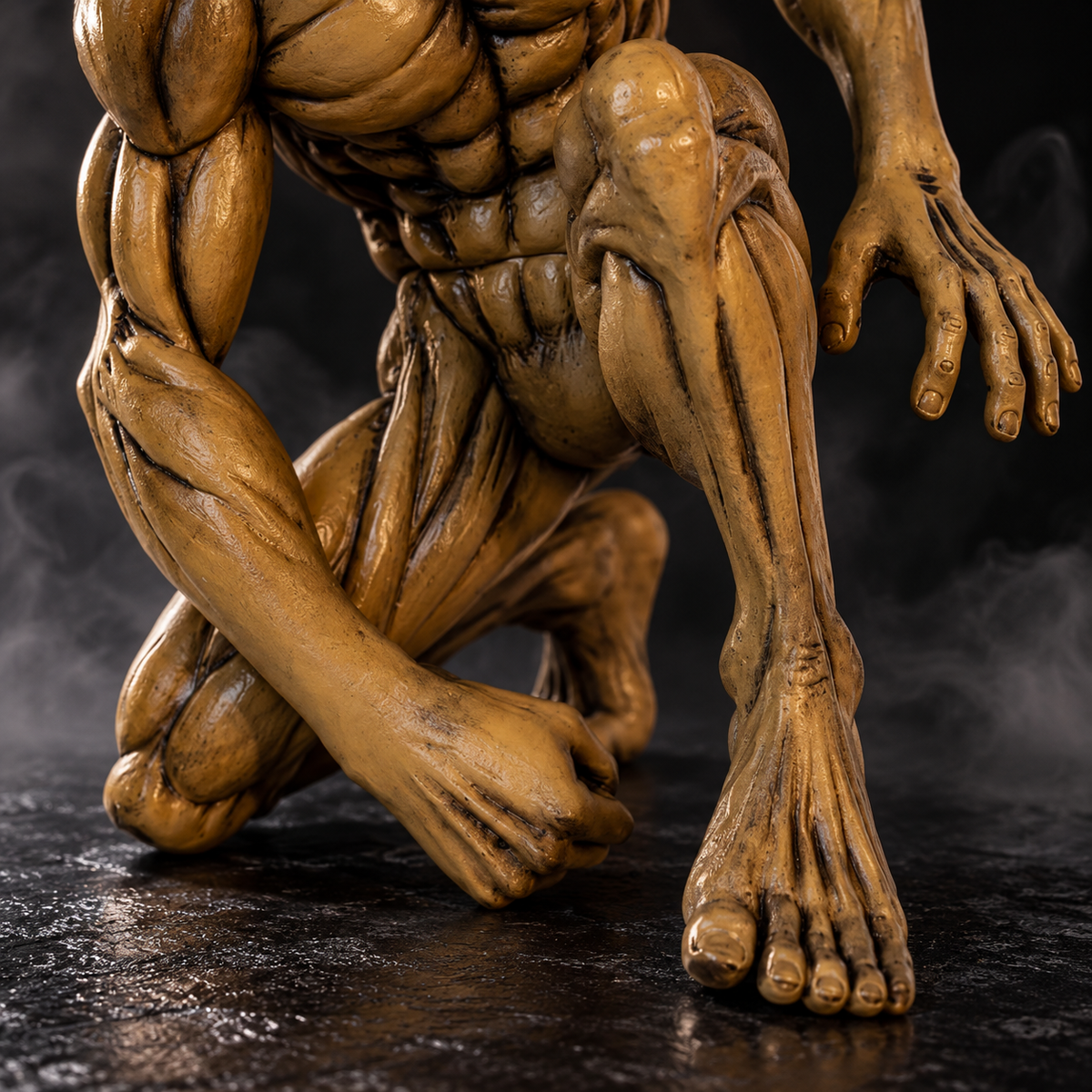 Attack Titan collectible close-up of crouched limbs and sculpted muscle texture