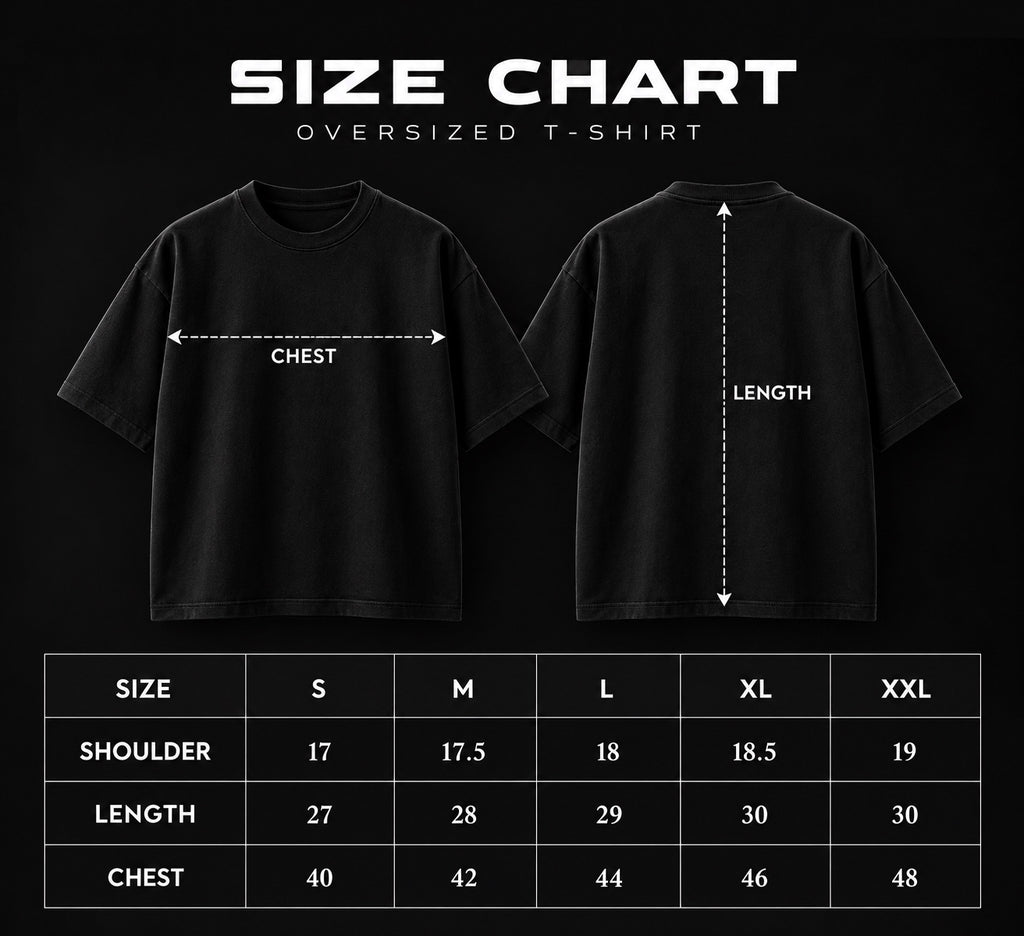 Trendy Fuze oversized T-shirt size chart S to XXL