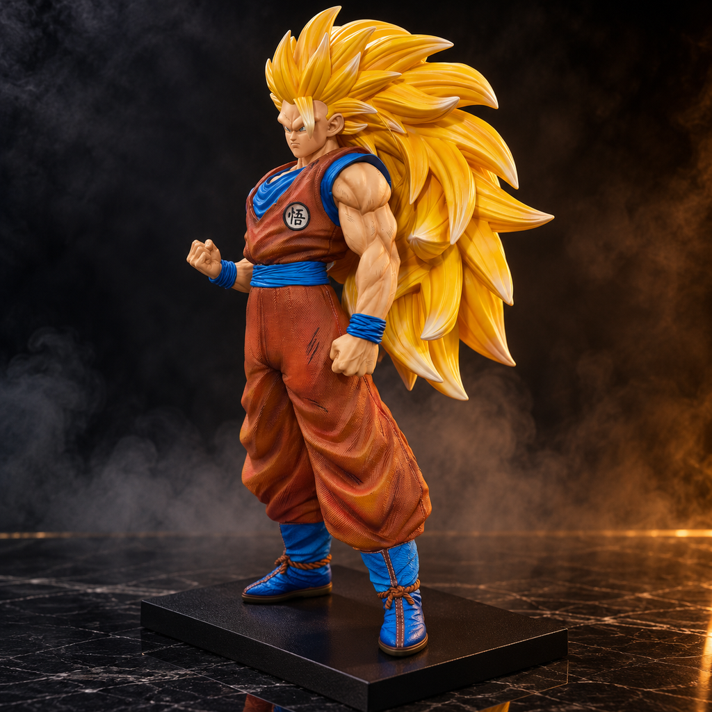 Super Saiyan 3 Goku 50 cm premium Dragon Ball Z figure three-quarter side view highlighting long golden hair and orange gi