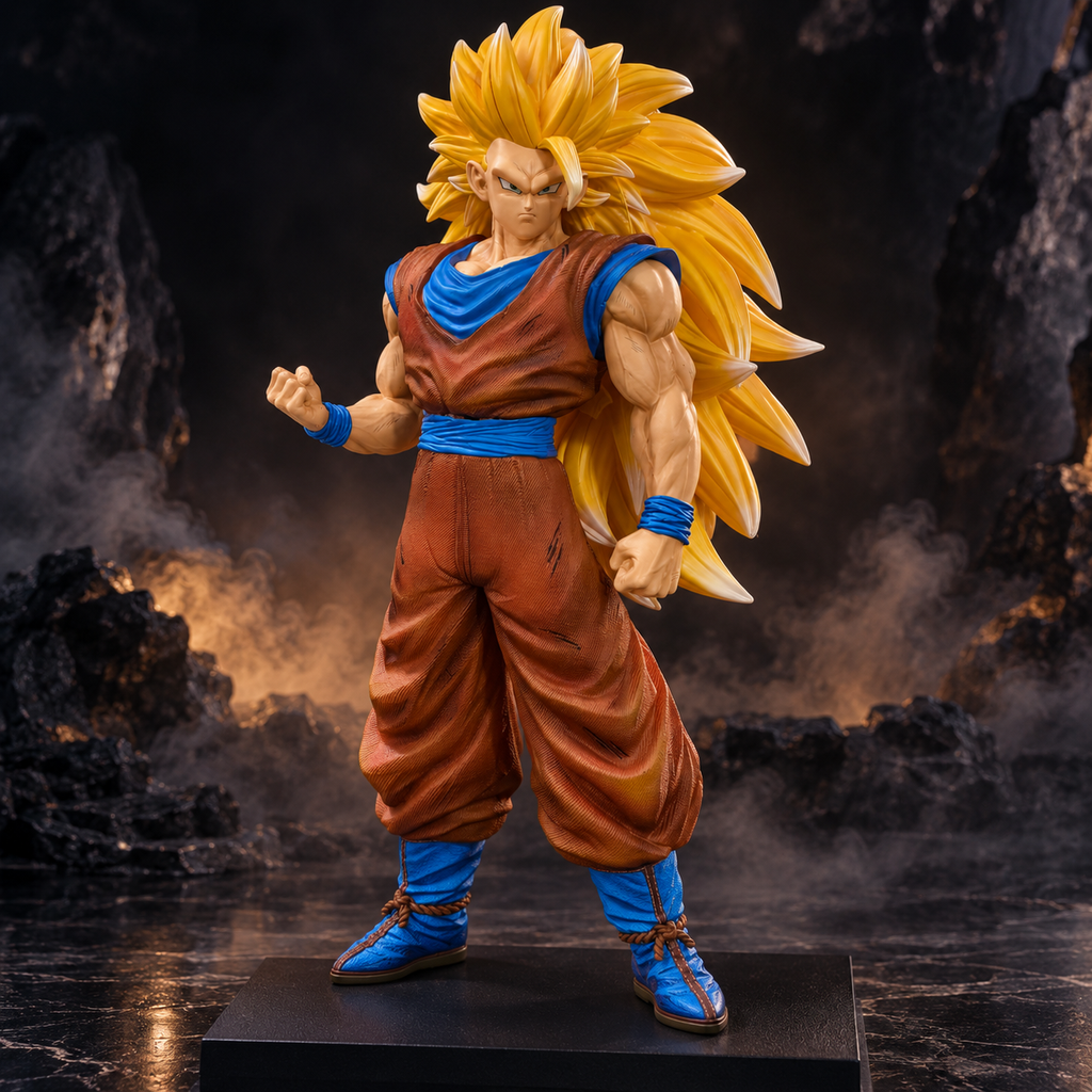 Super Saiyan 3 Goku 50 cm premium Dragon Ball Z figure front hero view with long golden hair and black display base