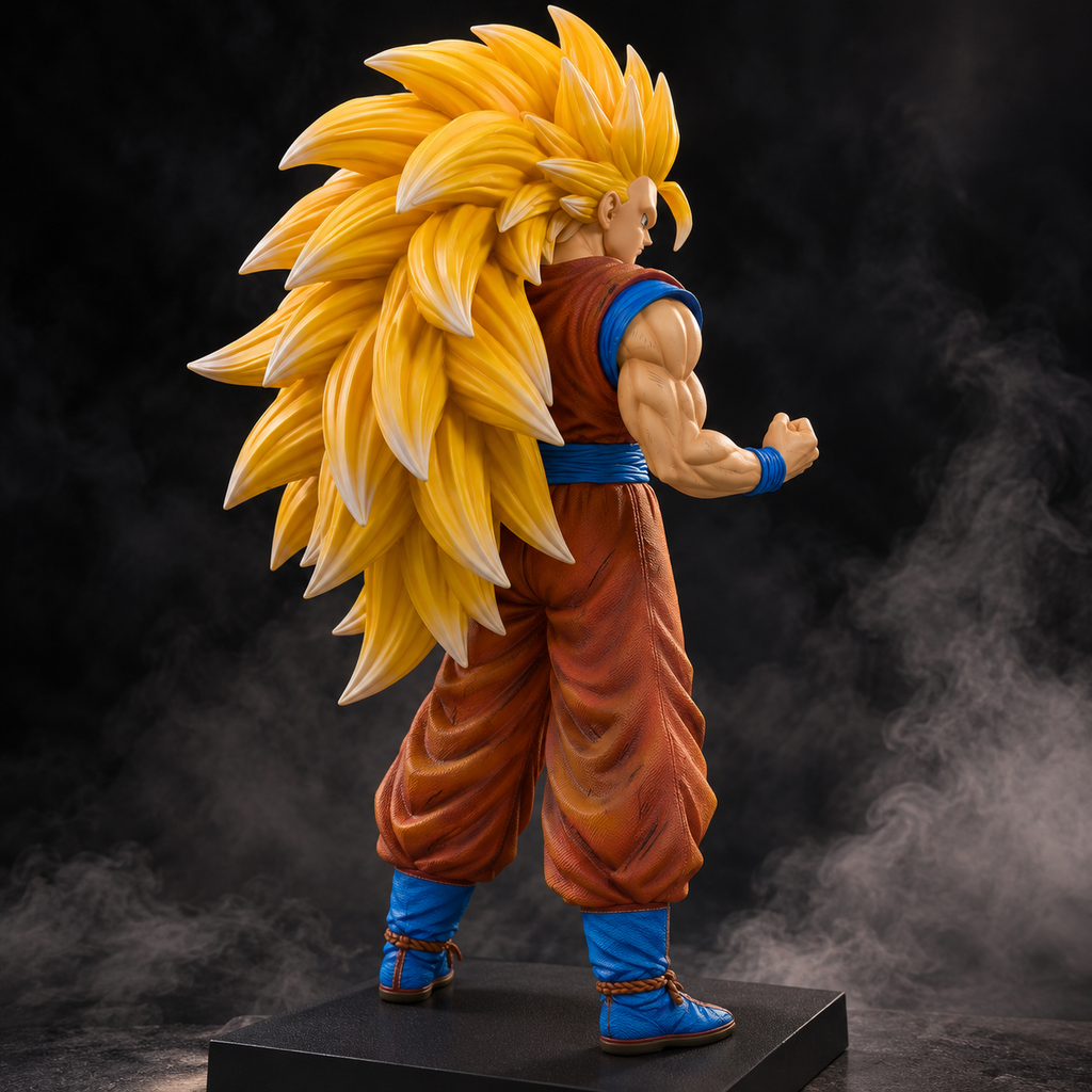 Super Saiyan 3 Goku 50 cm premium Dragon Ball Z figure rear view showing long layered golden hair and orange gi