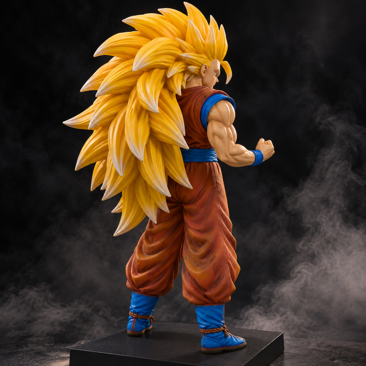 Super Saiyan 3 Goku 50 cm premium Dragon Ball Z figure rear view showing long layered golden hair and orange gi