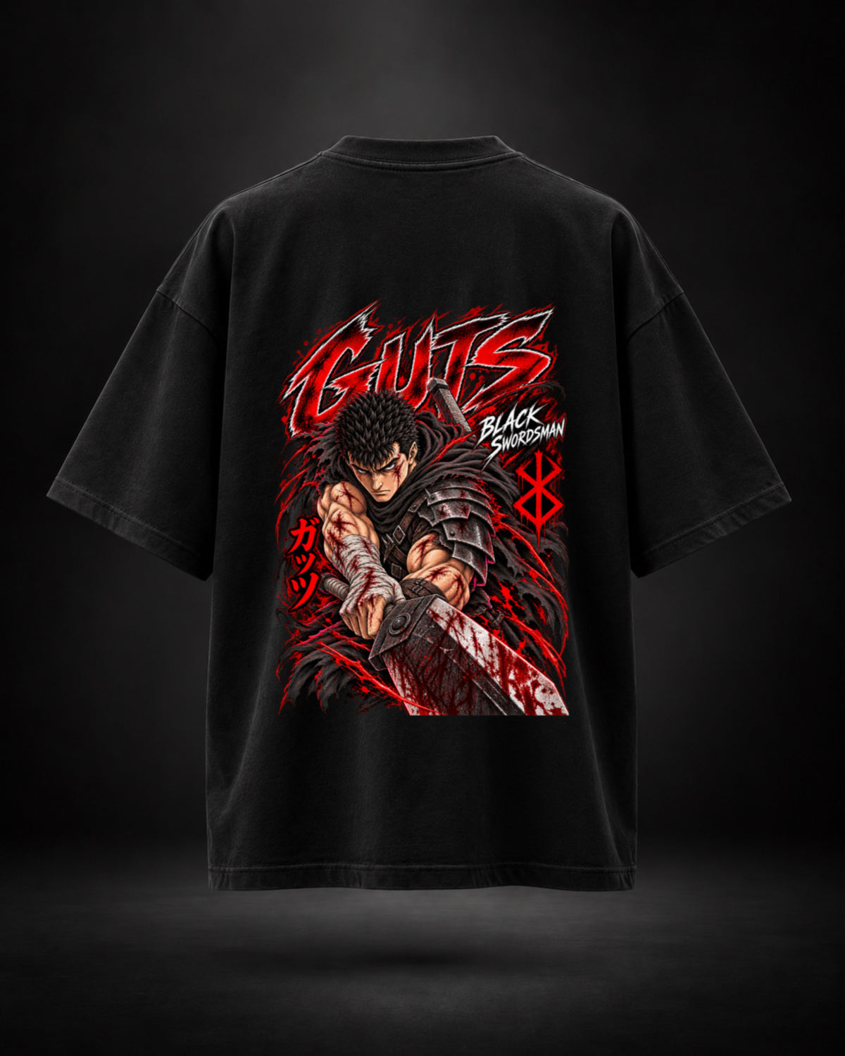 Trendy Fuze Guts Black Swordsman oversized black T-shirt - large back graphic