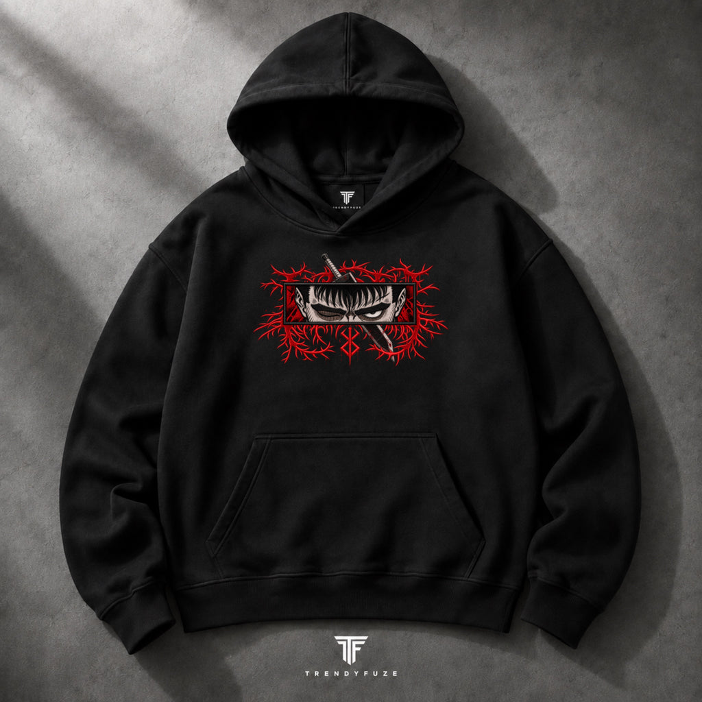 Guts Black Swordsman oversized black hoodie front view