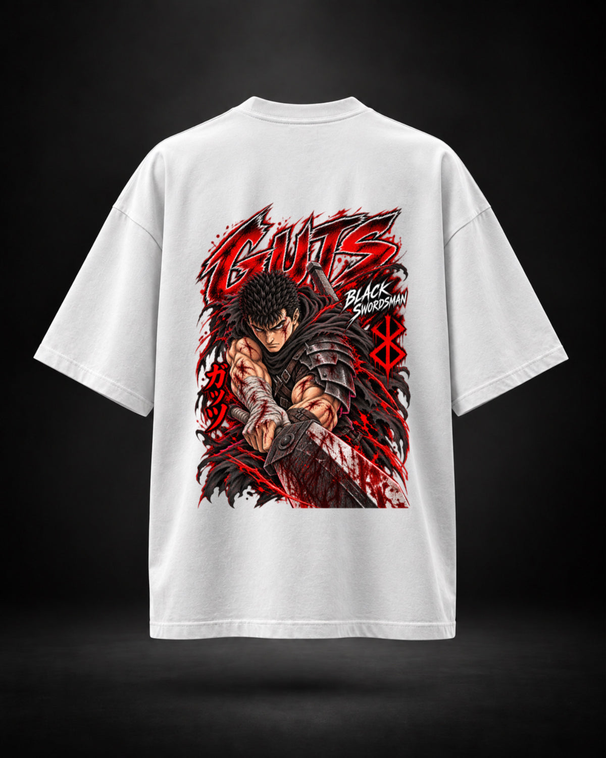 Trendy Fuze Guts Black Swordsman oversized white T-shirt - large back graphic