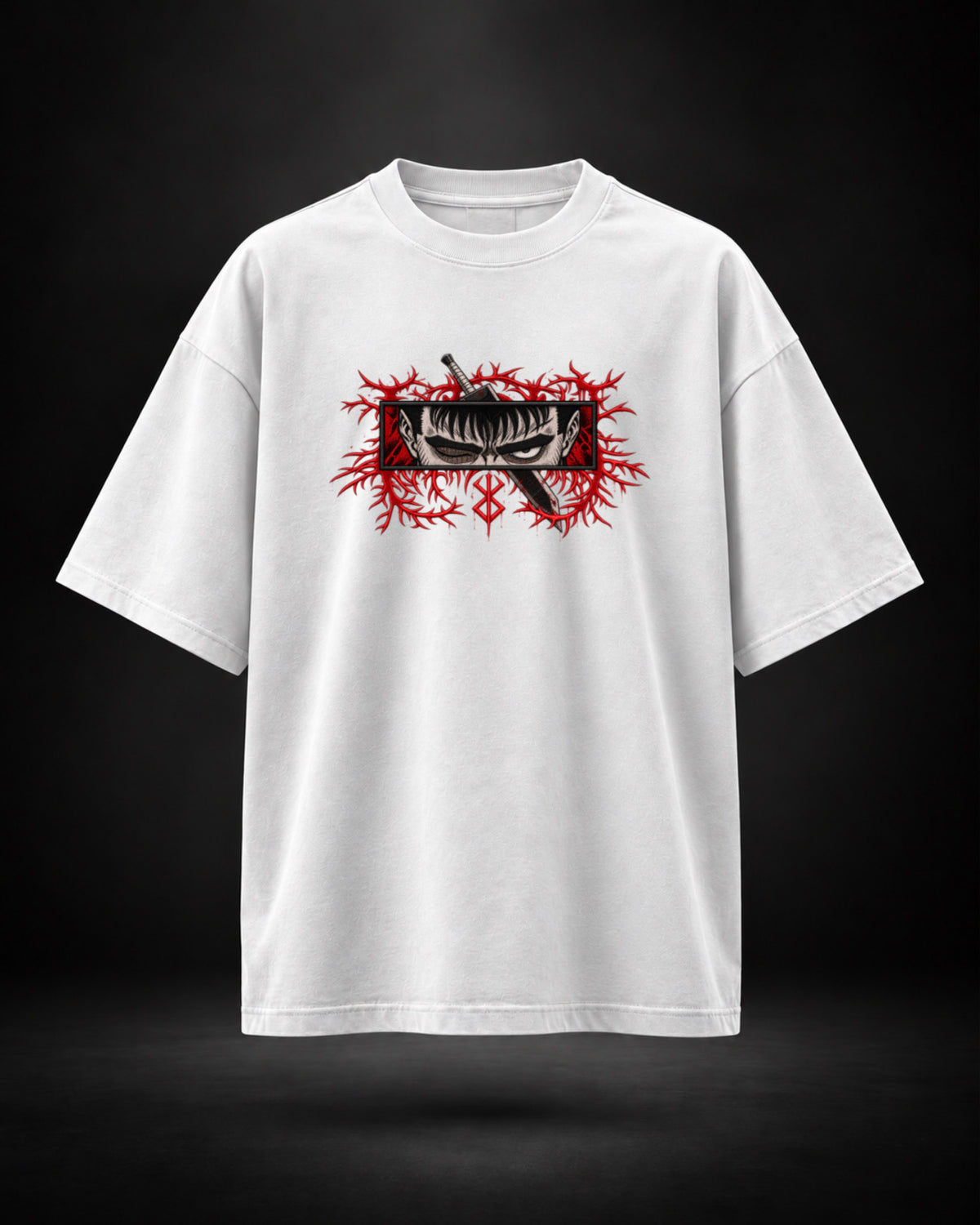 Trendy Fuze Guts Black Swordsman oversized white T-shirt - front graphic