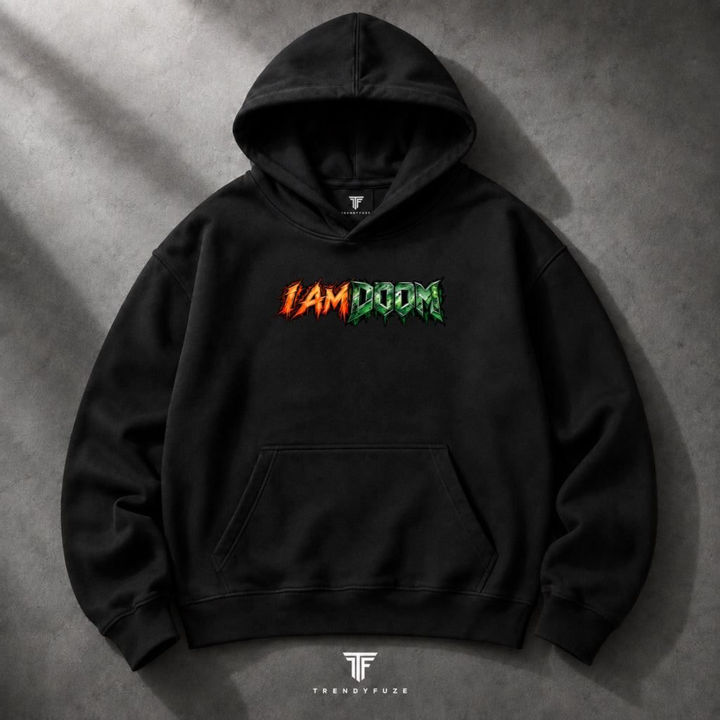 I AM DOOM oversized black hoodie front view