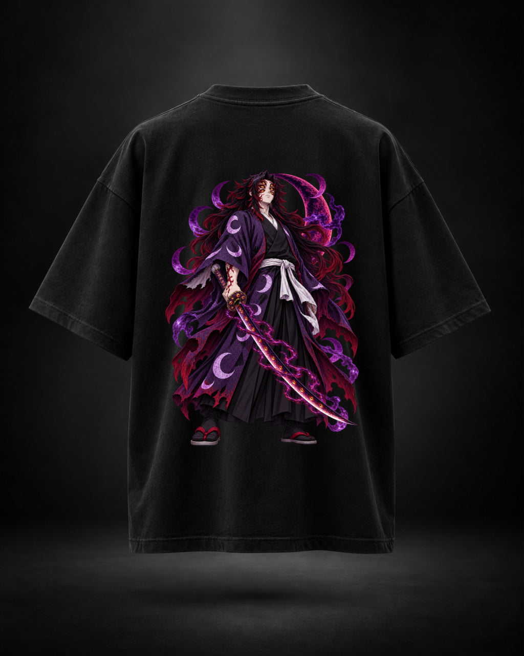 Trendy Fuze Kokushibo oversized black T-shirt - large purple moon back graphic