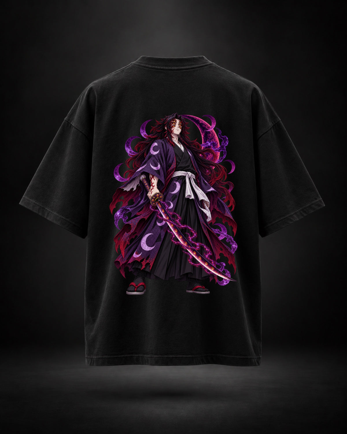 Trendy Fuze Kokushibo oversized black T-shirt - large purple moon back graphic