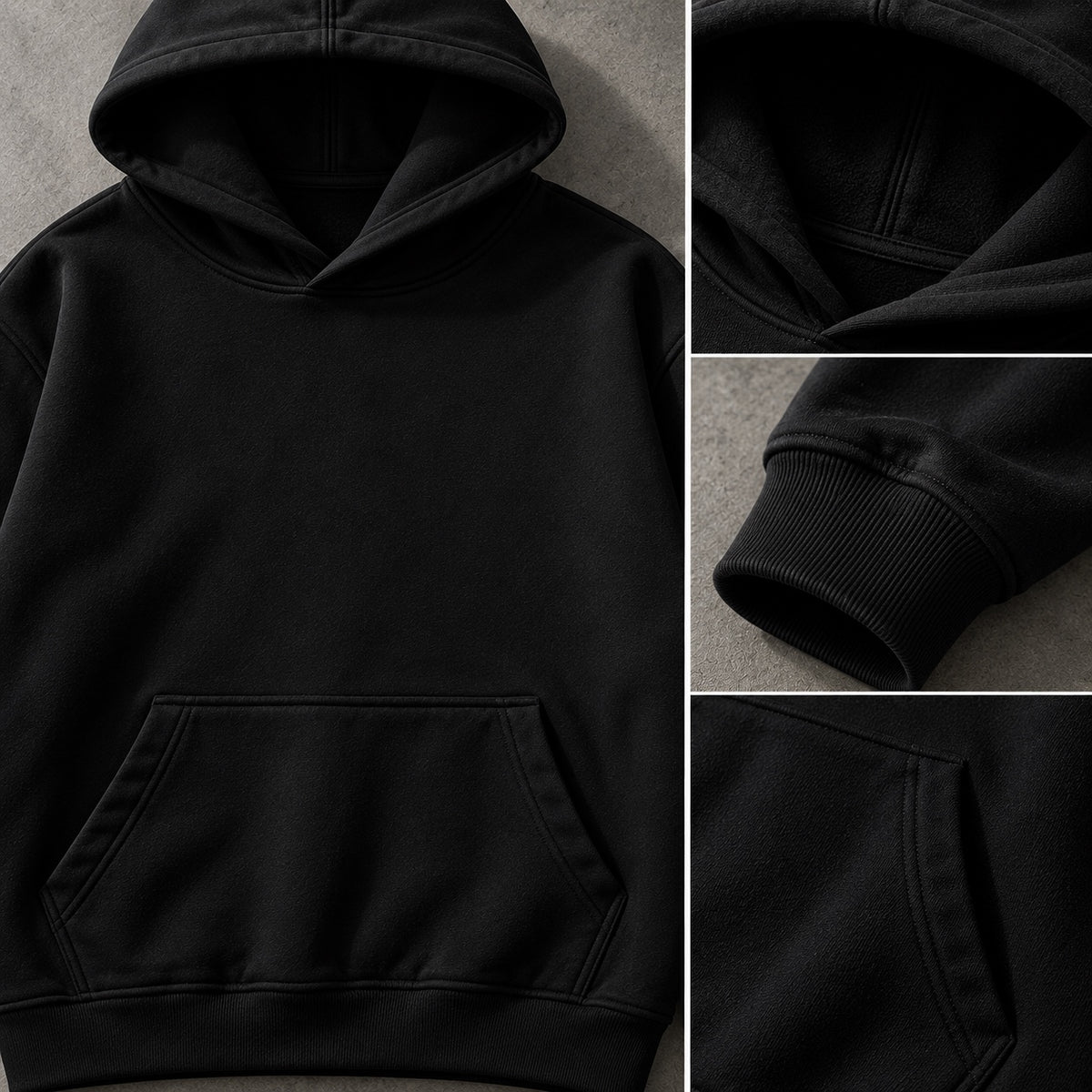 Black oversized hoodie hood cuff and pocket details