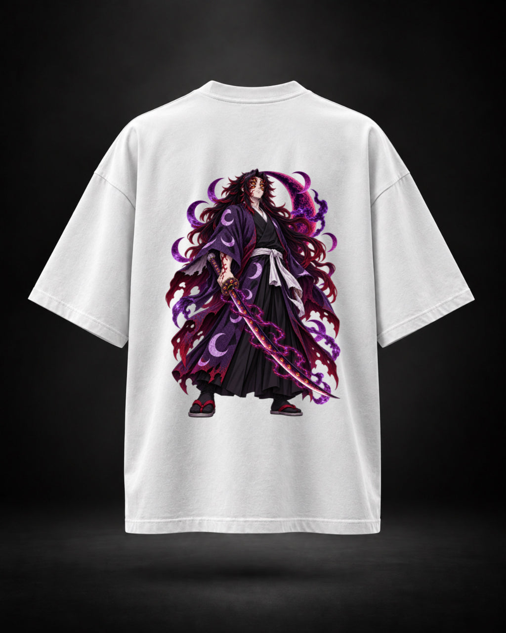 Trendy Fuze Kokushibo white oversized T-shirt - large purple anime back graphic