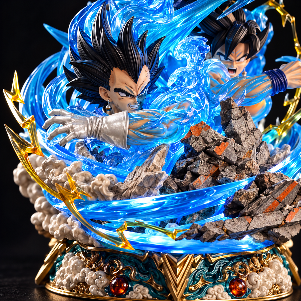 Vegito statue base detail with Goku and Vegeta battle scene, translucent blue effects and rubble
