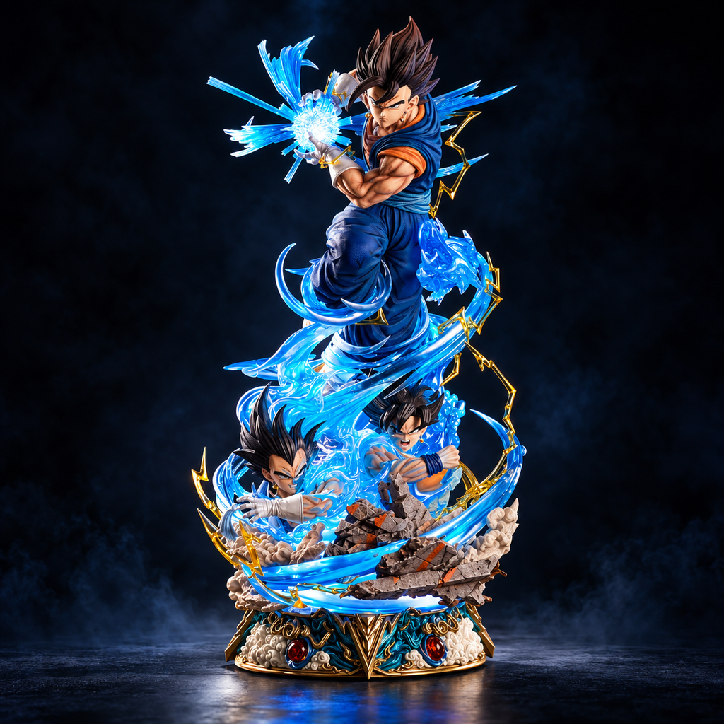 Vegito premium Dragon Ball resin statue with illuminated blue energy effects, full hero view