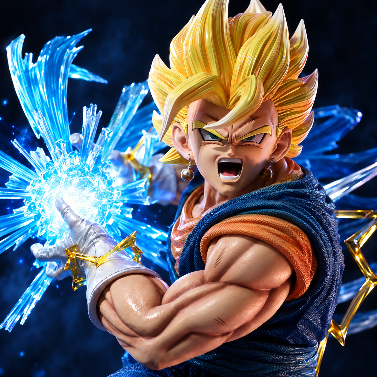 Vegito Super Saiyan head sculpt and illuminated blue energy attack close-up