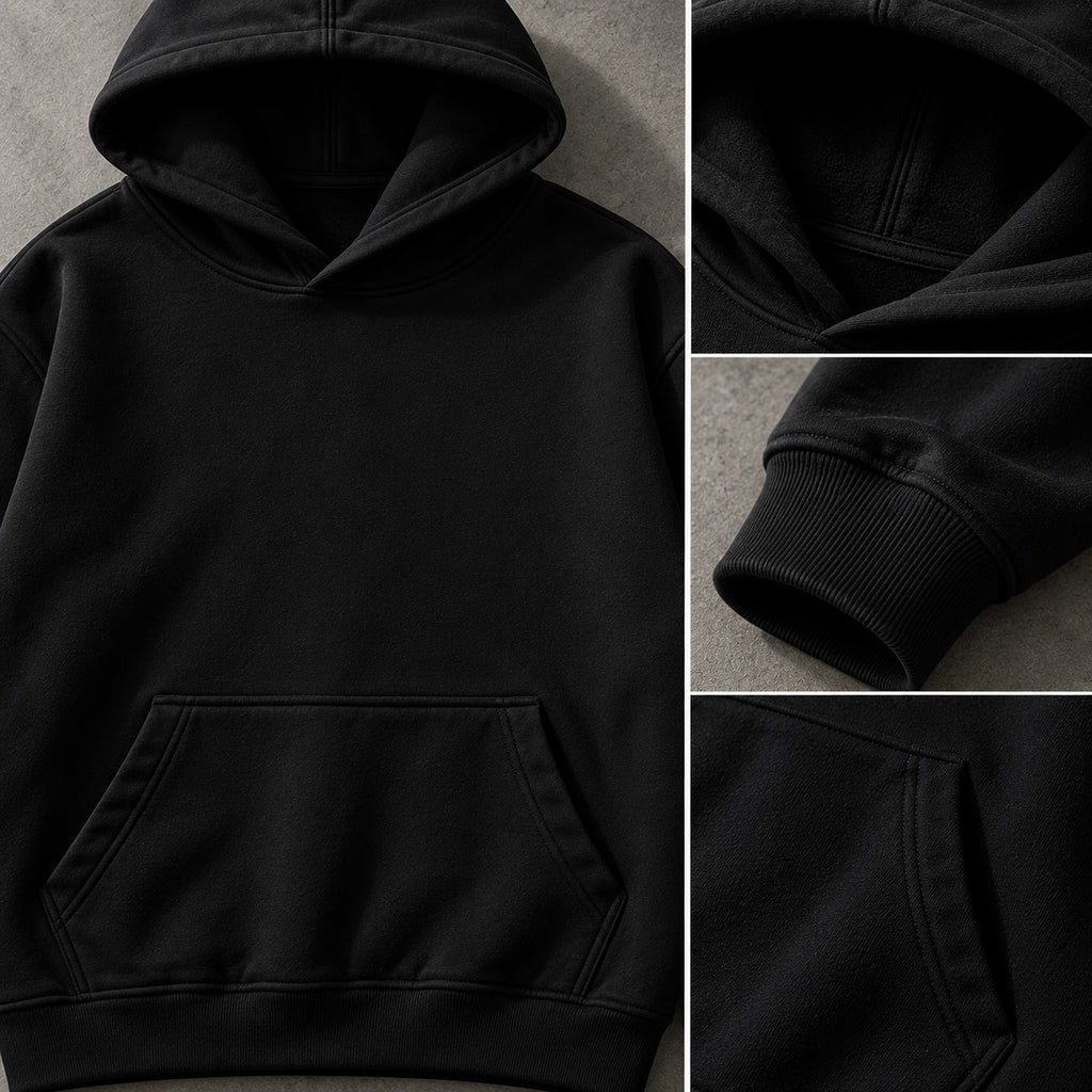 Black oversized hoodie hood cuff and pocket details