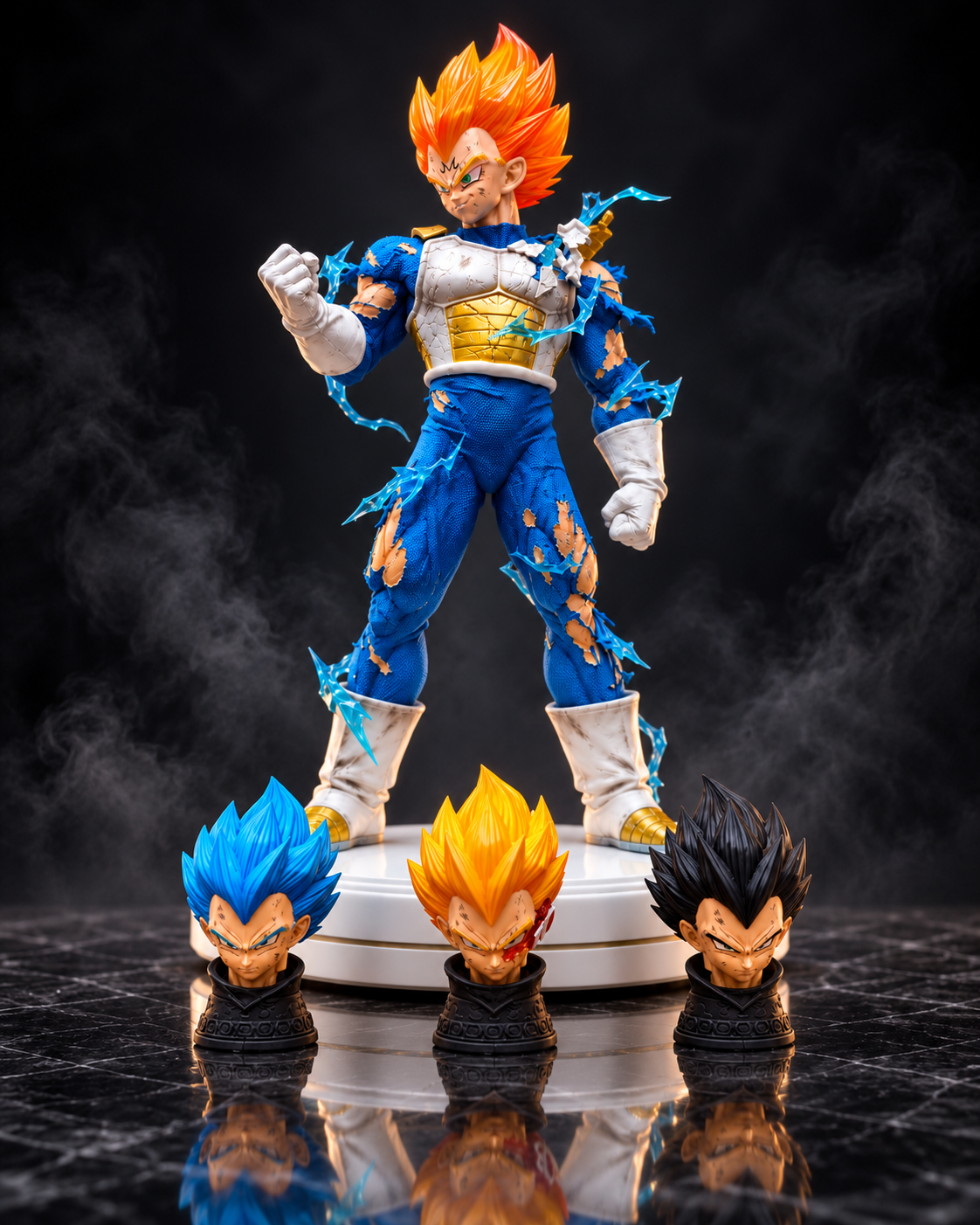 Majin Vegeta 40 cm premium figure display with interchangeable blue, golden and black hair head sculpts