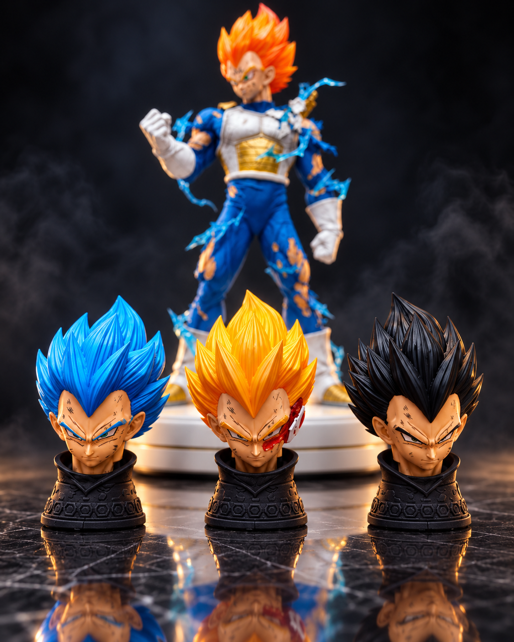 Majin Vegeta premium figure interchangeable head set showing blue, golden battle damaged and black hair head sculpts