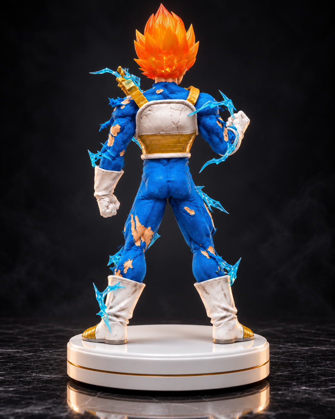 Majin Vegeta 40 cm premium figure rear view with orange hair, battle damaged armor and blue energy effects