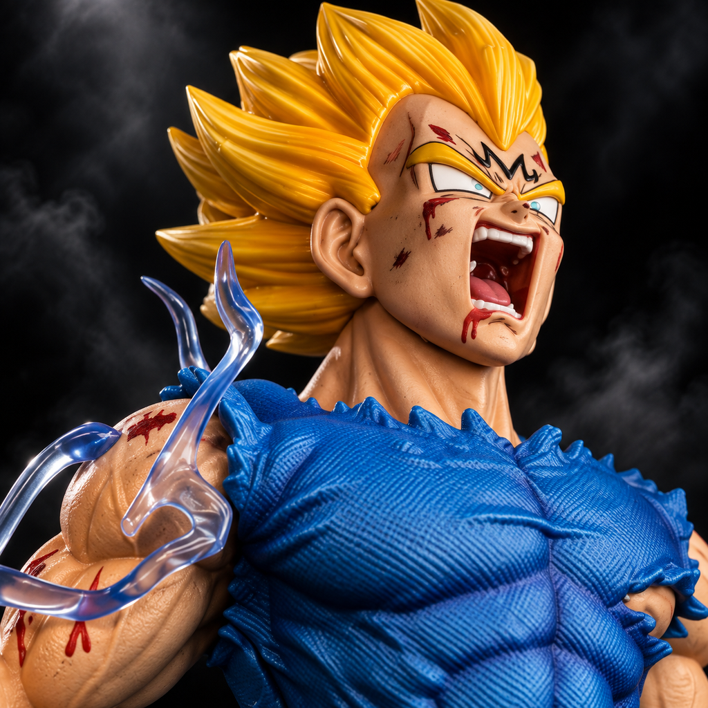 Majin Vegeta Final Atonement close-up face detail with battle damage