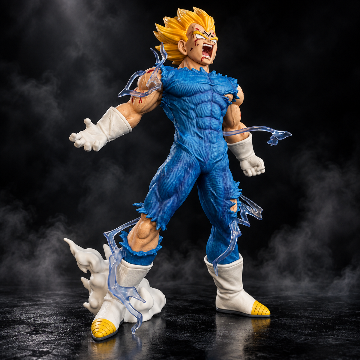 Majin Vegeta Final Atonement action figure front view on dark smoky background
