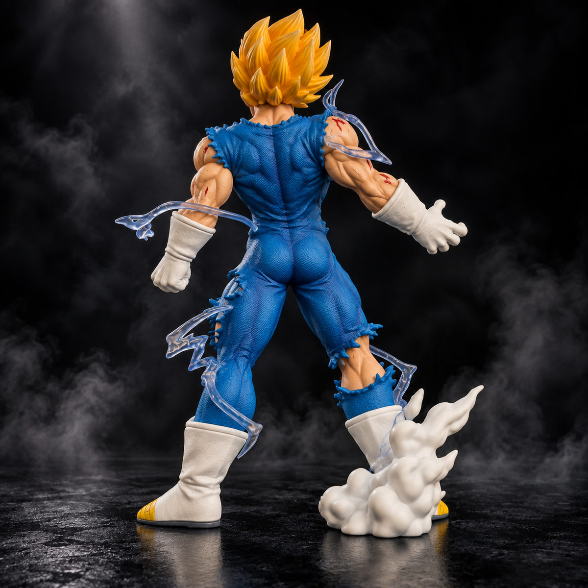 Majin Vegeta Final Atonement action figure rear view on dark smoky background