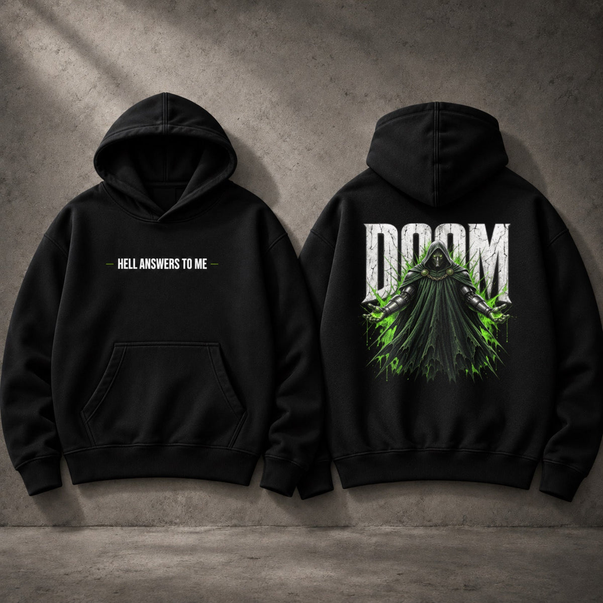 My Store black oversized pullover hoodie with front text and large green and white Doom graphic print on the back.