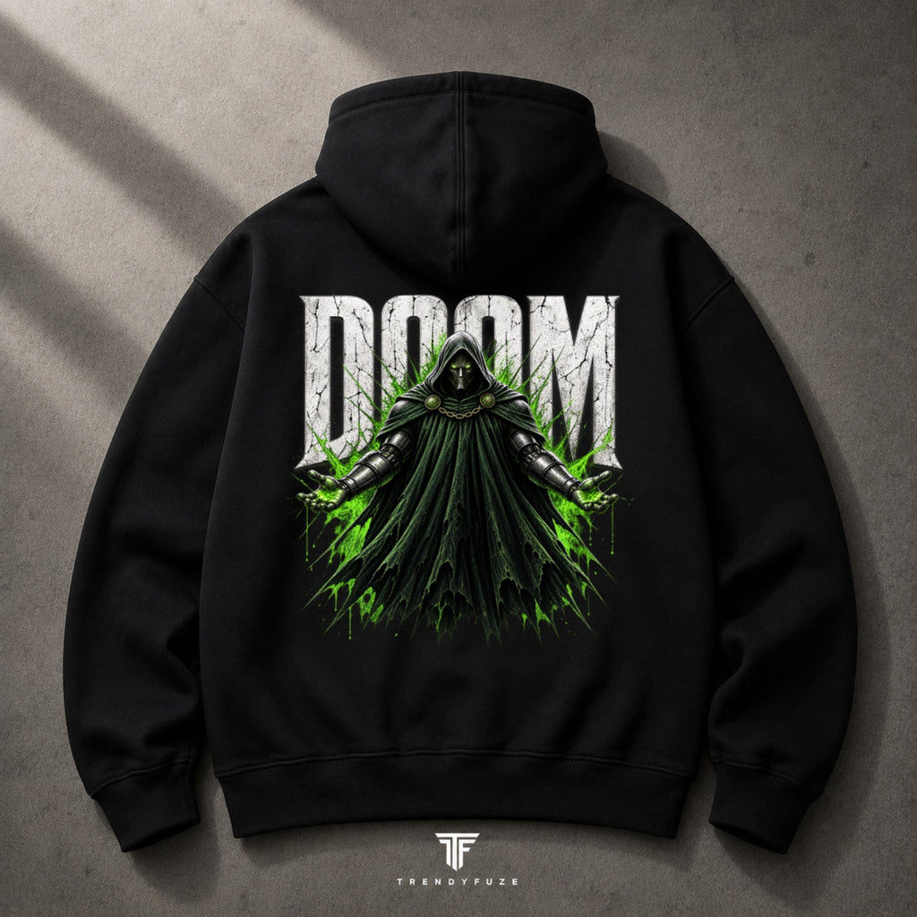 My Store TRENDY FUZE black oversized hoodie featuring a bold green and white DOOM graphic print on the back.