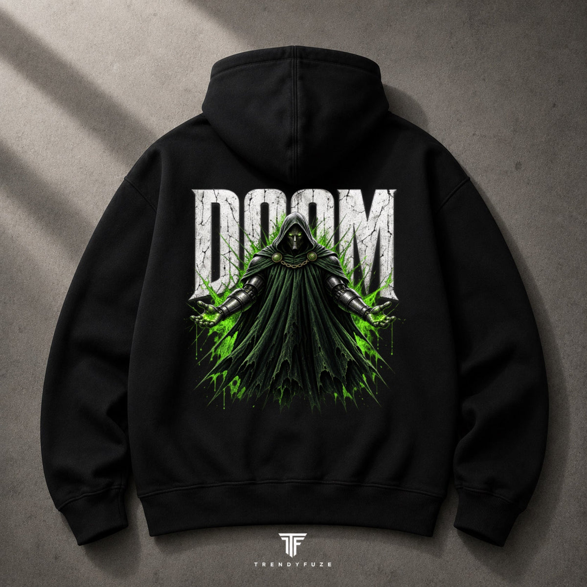 My Store TRENDY FUZE black oversized hoodie featuring a bold green and white DOOM graphic print on the back.