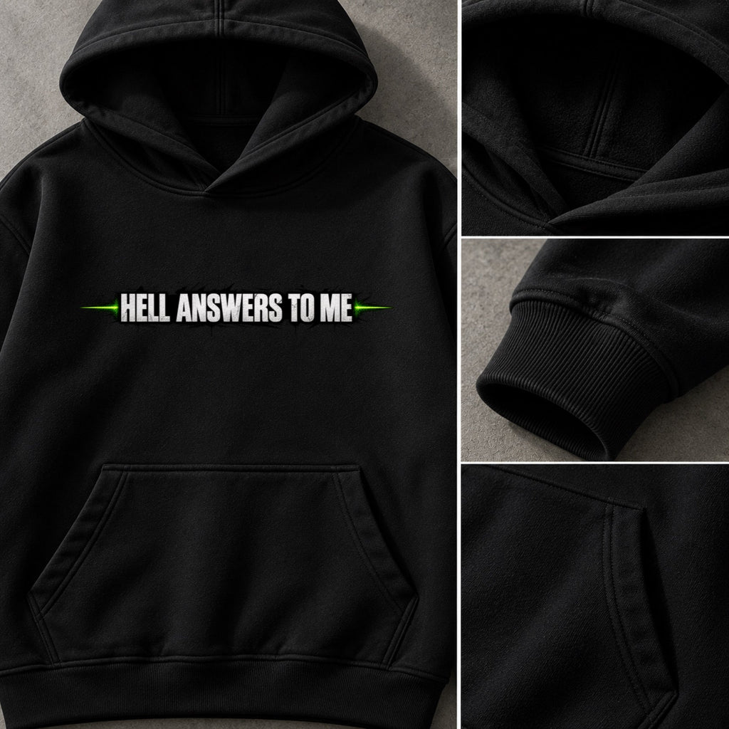 My Store black oversized fleece hoodie with Hell Answers To Me graphic print, ribbed cuffs, and kangaroo pocket.