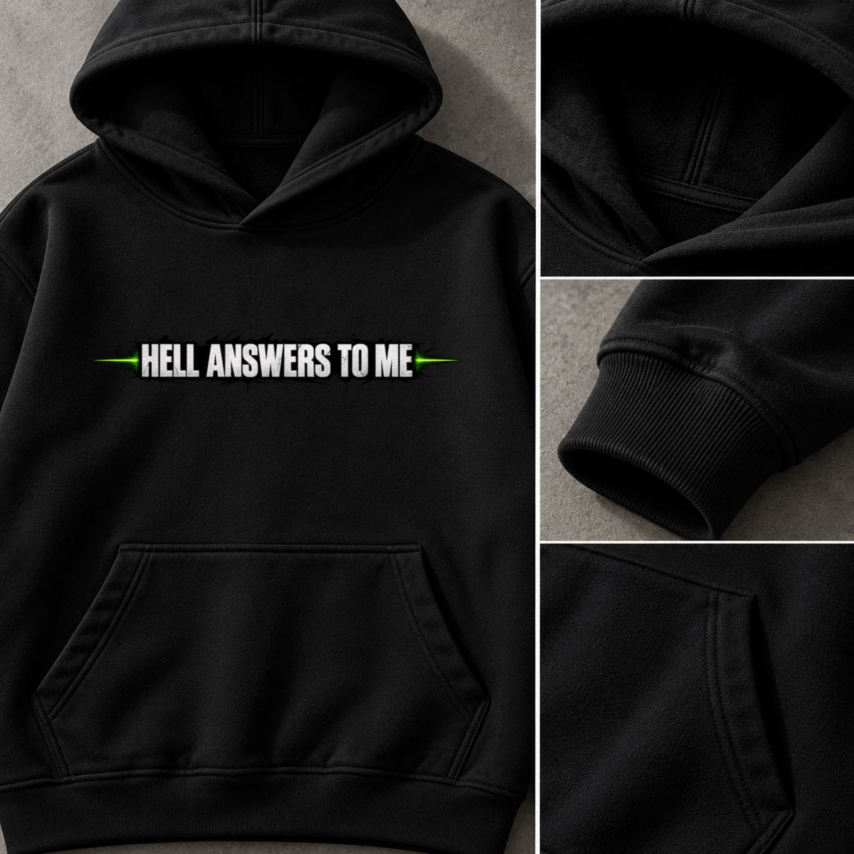 My Store black oversized fleece hoodie with Hell Answers To Me graphic print, ribbed cuffs, and kangaroo pocket.