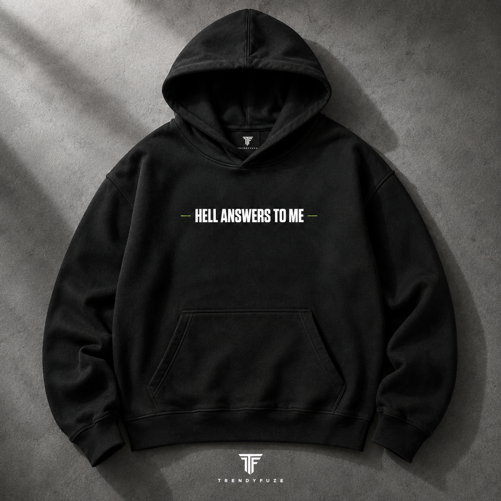 My Store black oversized pullover hoodie with white graphic chest print and kangaroo pocket on a concrete background