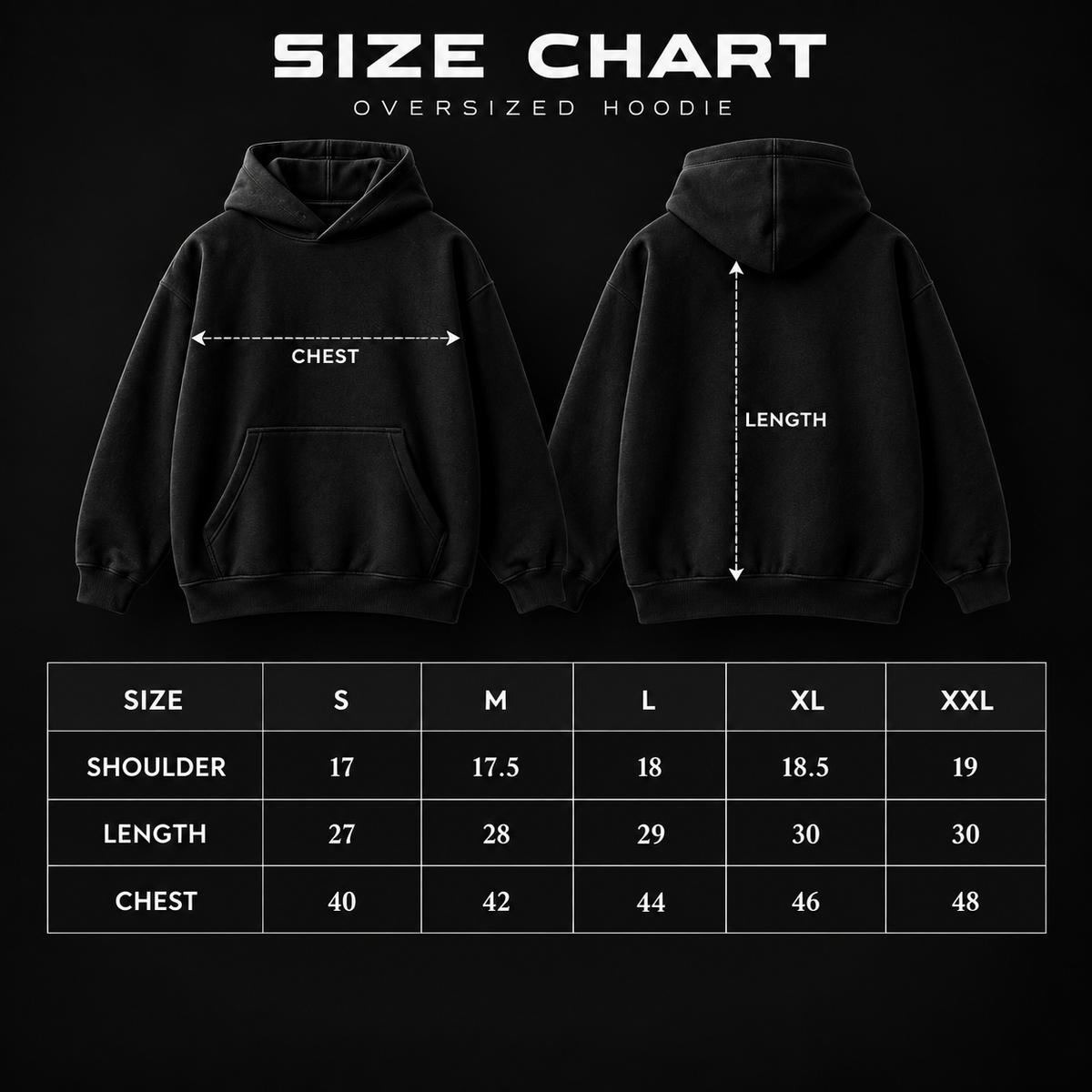 My Store TRENDY FUZE black oversized pullover hoodie size chart showing front and back views with measurements