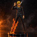 Sanji Black Leg action figure front view with flame effect on dark background