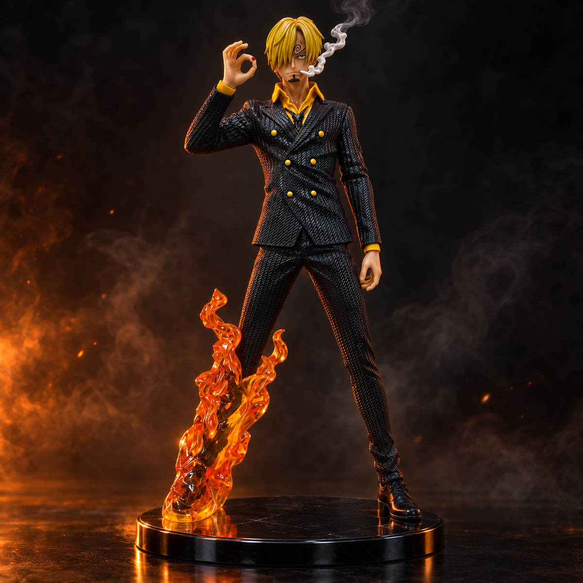 Sanji Black Leg action figure front view with flame effect on dark background