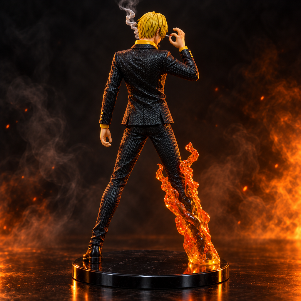 Sanji Black Leg action figure rear view with fiery background